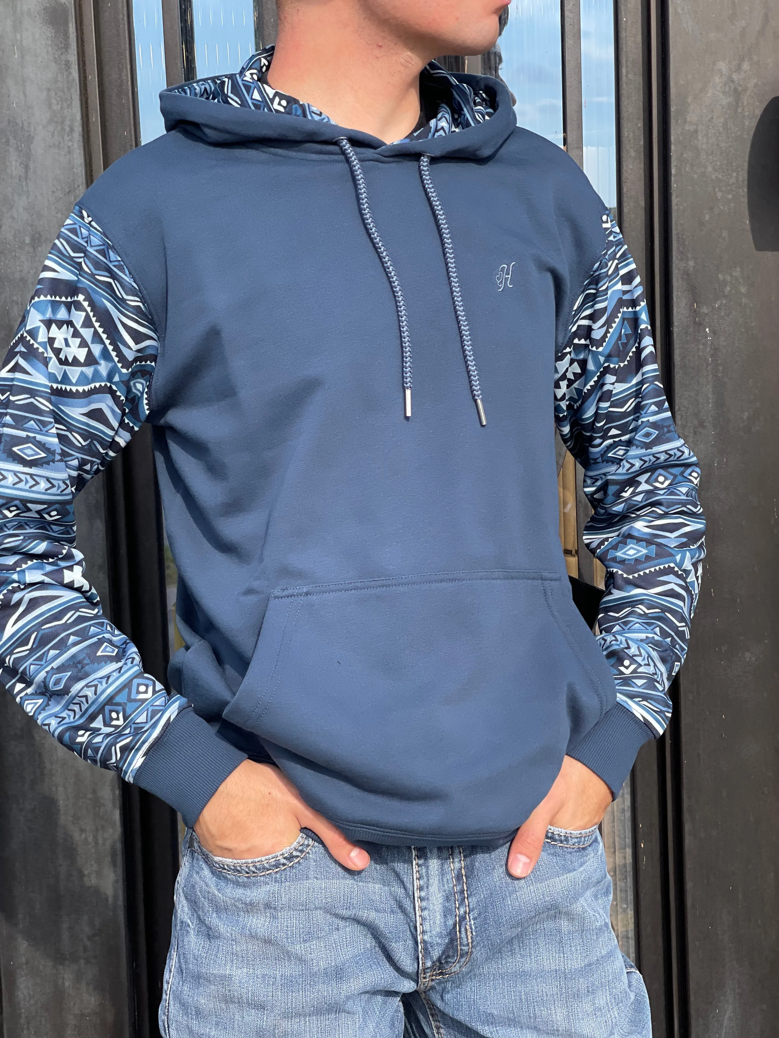 “ Rex “|  SUMMIT HOOEY MENS NAVY HOODY WITH BLUE AZTEC SLEEEVE HH1191NVAZ