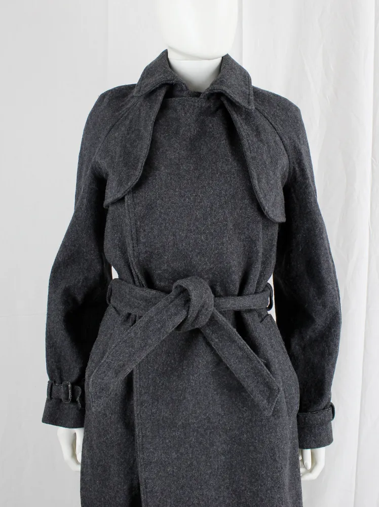 A.F. Vandevorst grey wrinkled wool maxi coat with interwoven metallic — fall 2015