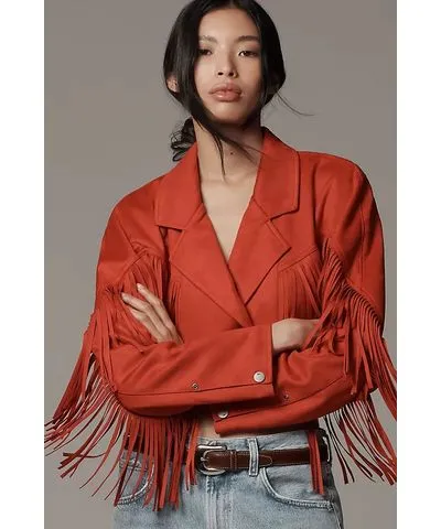 Anthropologie Faux-Suede Fringe Moto Jacket