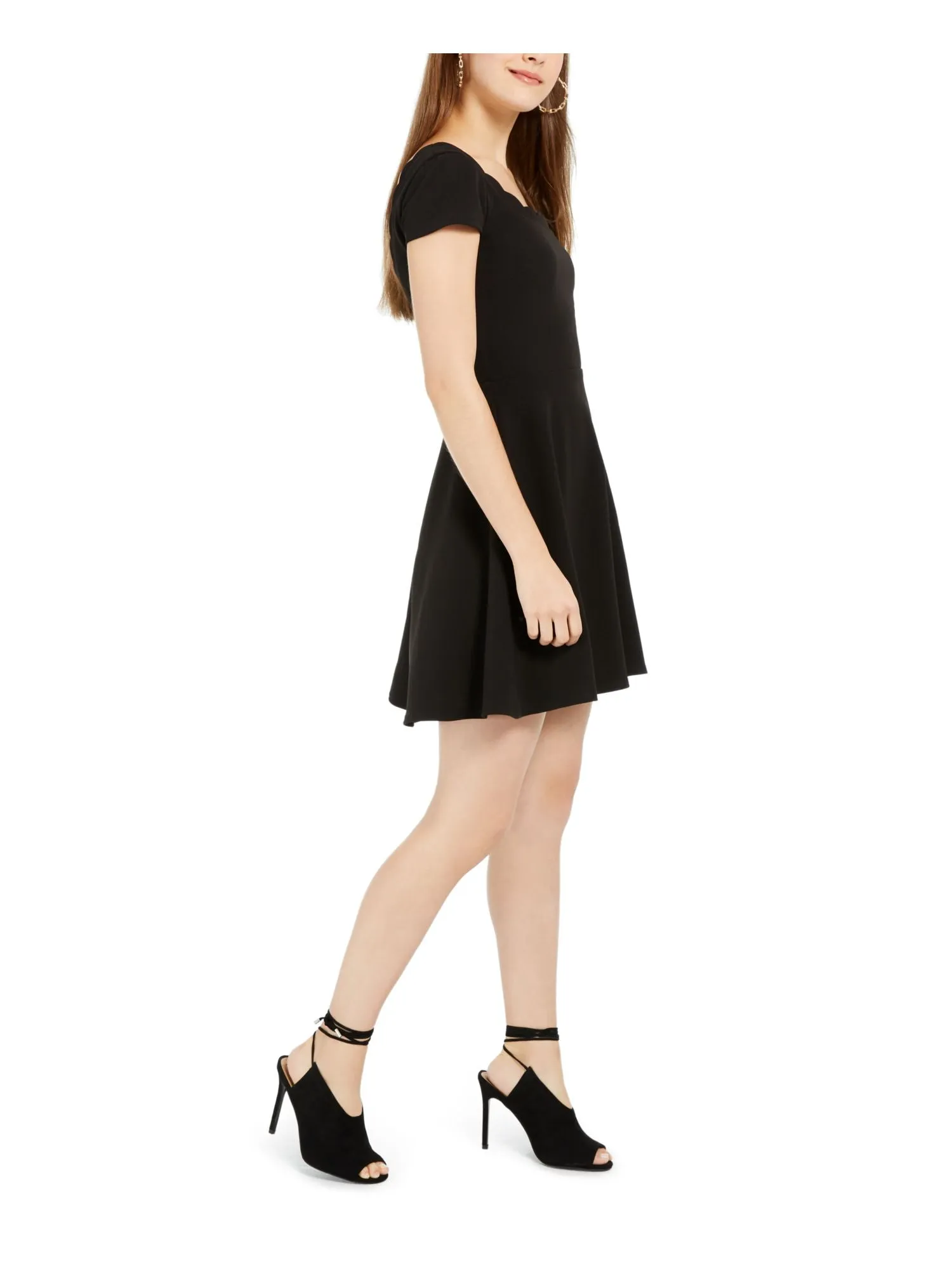 B Darlin Women's Low Back Scalloped Trim Short Sleeve Square Neck Mini Fit Flare Cocktail Dress Black Size 5-6