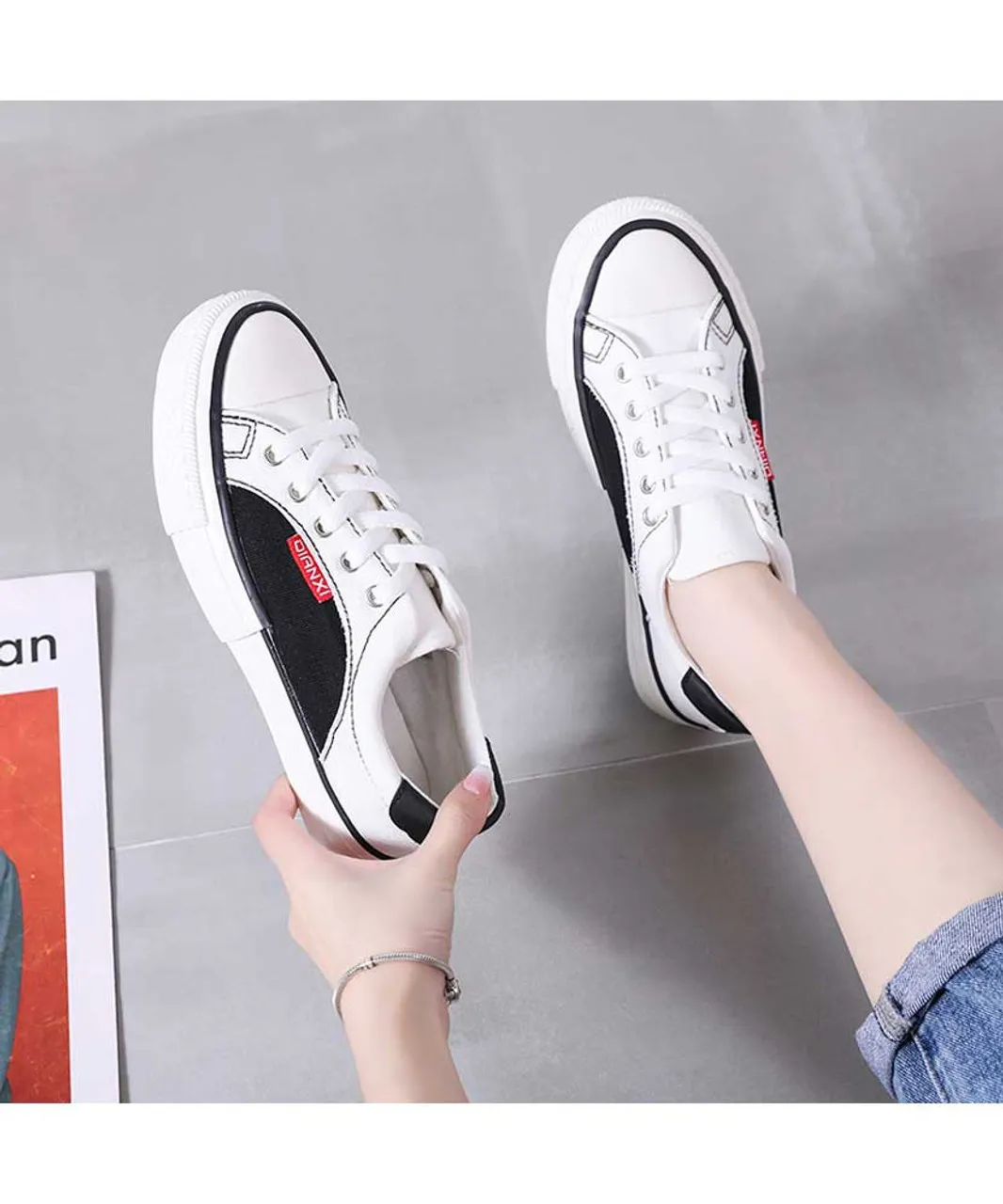 Black white canvas lace up shoe sneaker