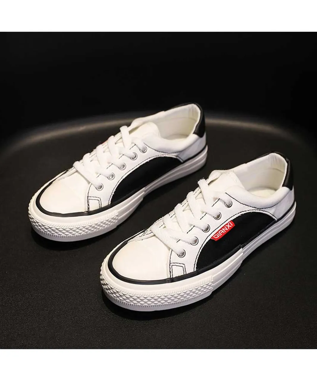 Black white canvas lace up shoe sneaker