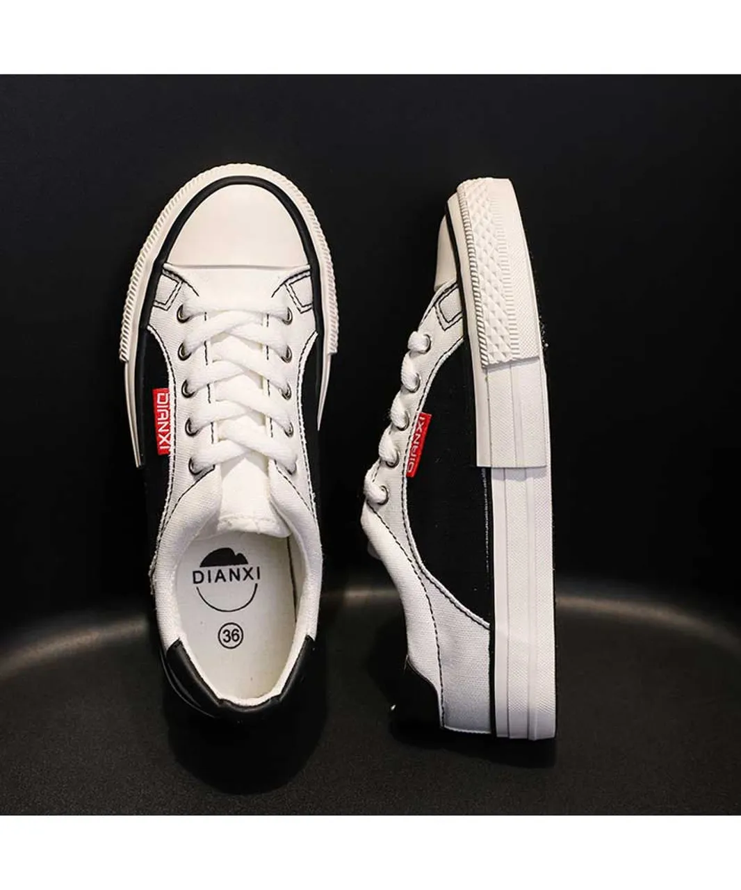 Black white canvas lace up shoe sneaker