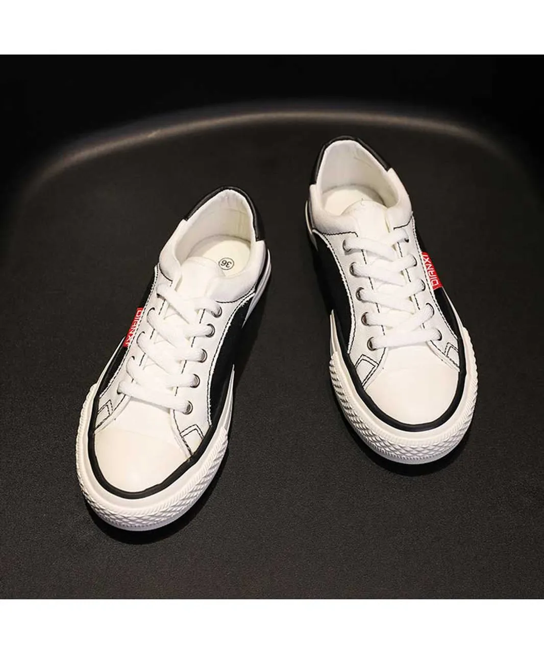 Black white canvas lace up shoe sneaker