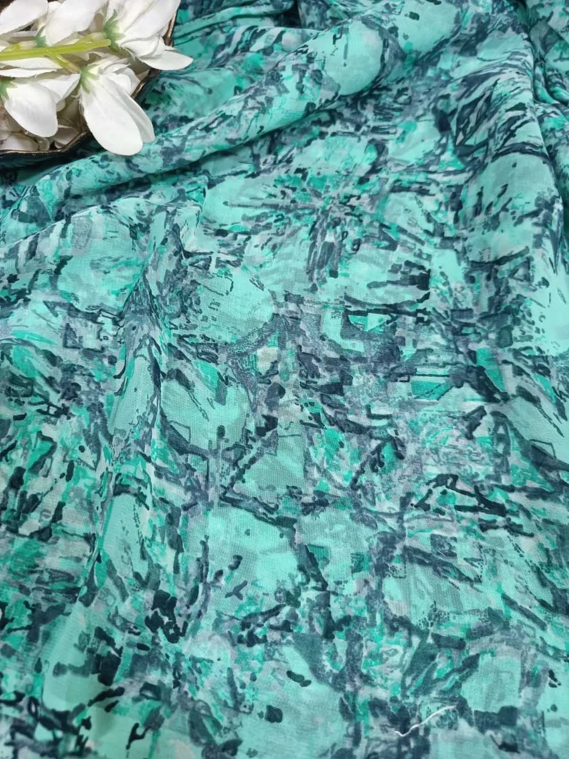 Blue Georgette Fabric with Digital Print ( 1 Mtr )