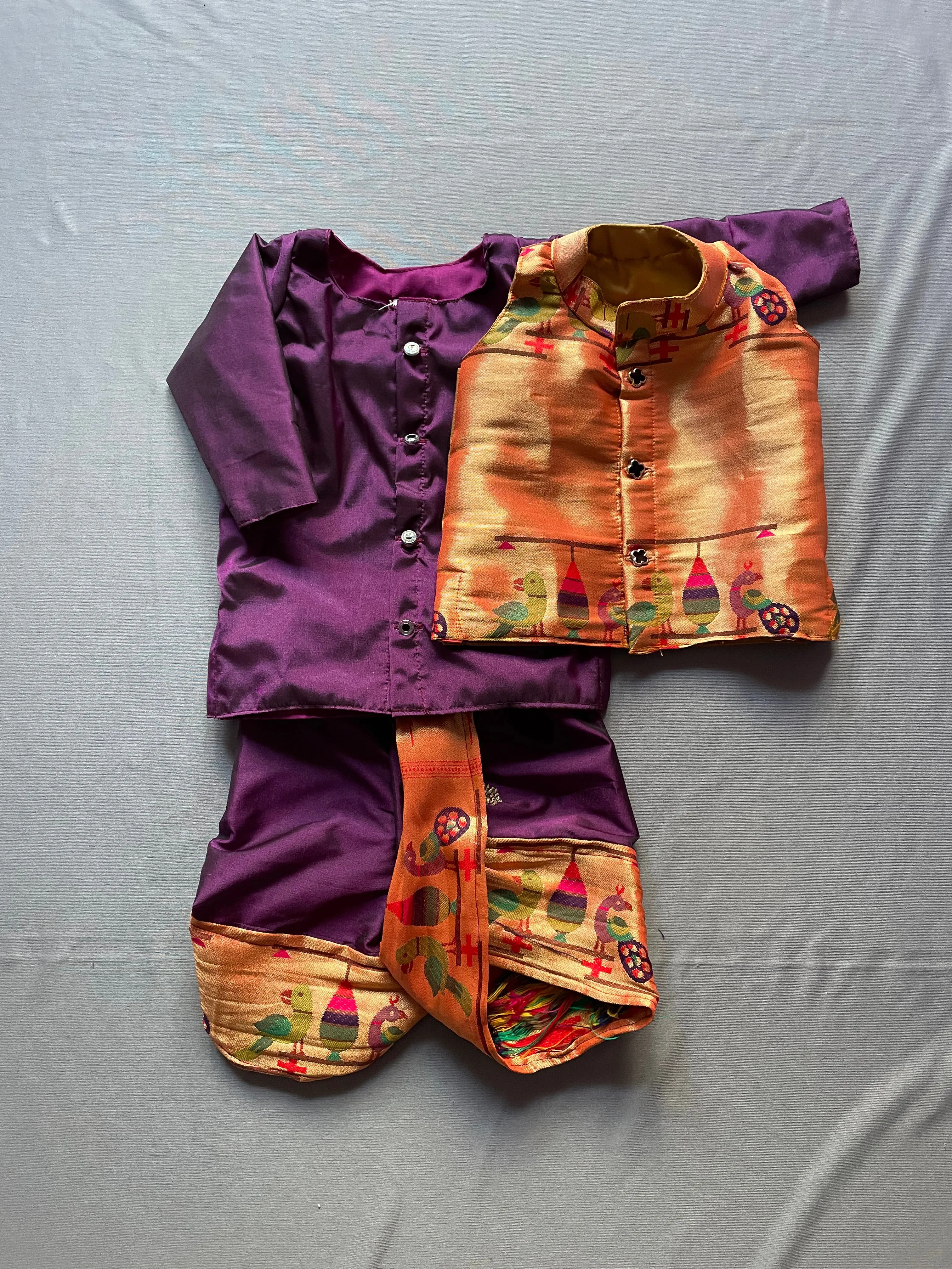 Boy's wine premium Paithani with peacock border dhoti kurta with jacket