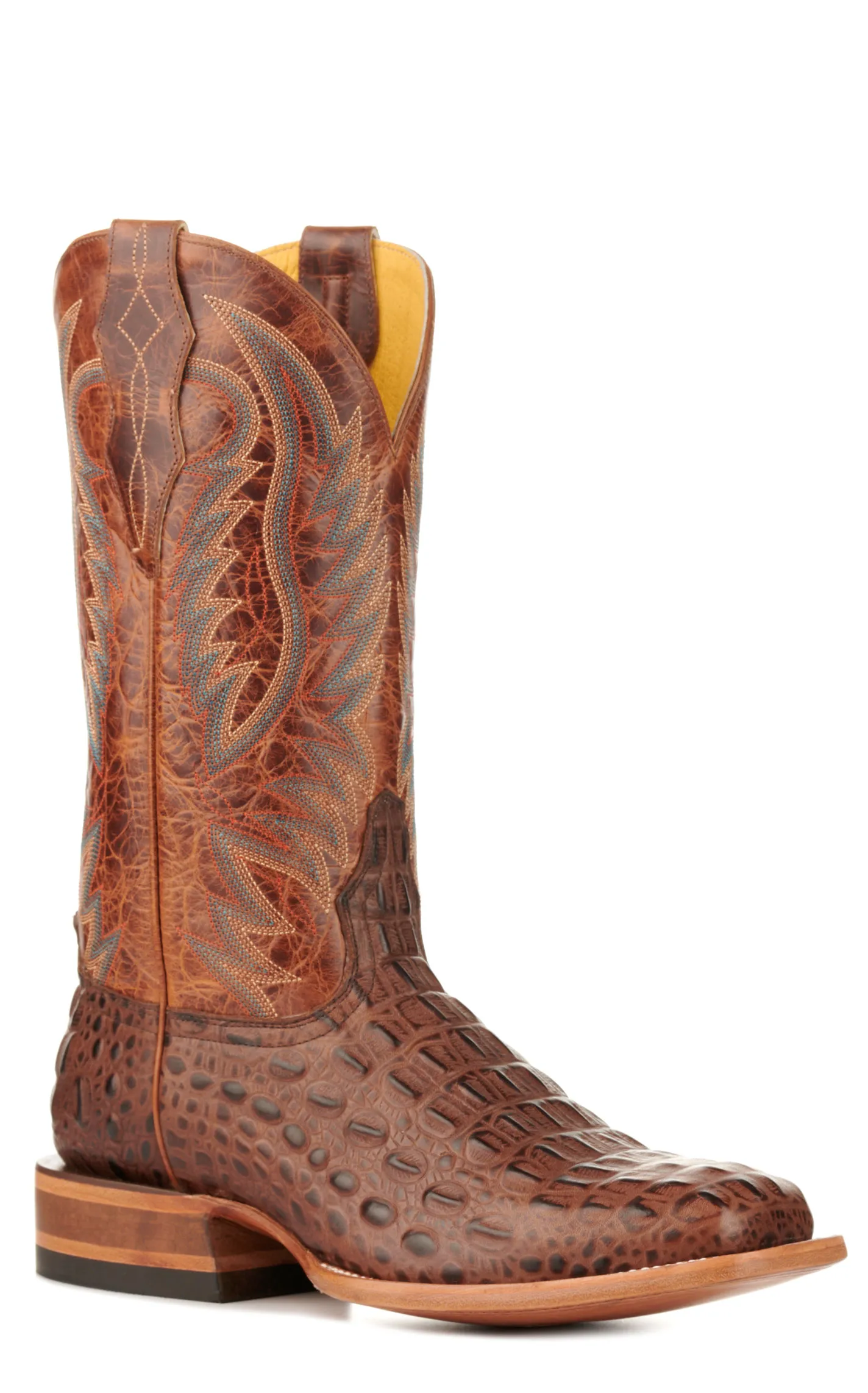 Cavender's Men's Brass and Chocolate Caiman Print Wide Square Toe Cowboy Boots