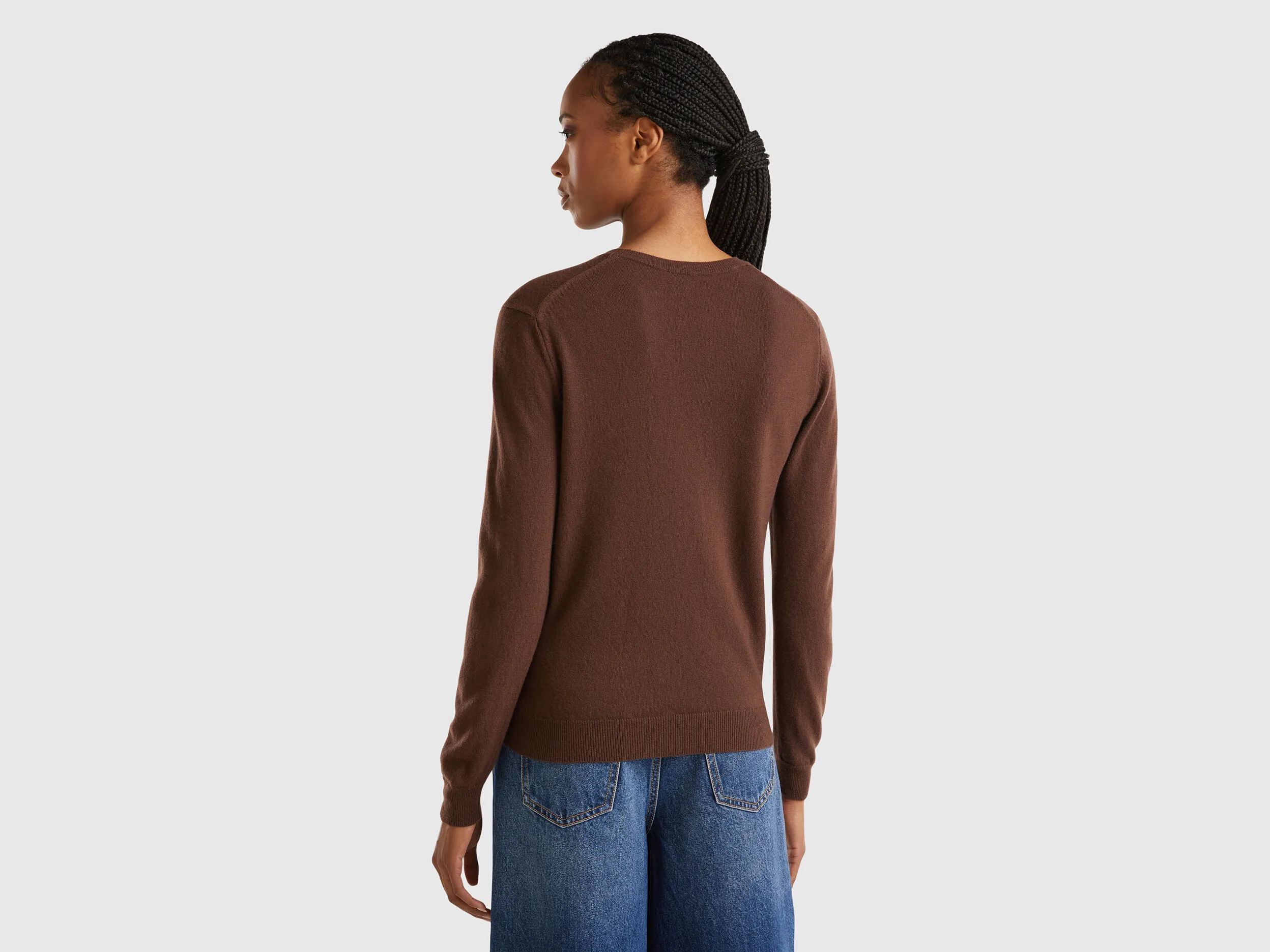 Dark brown crew neck sweater in pure Merino wool - Dark Brown | Benetton