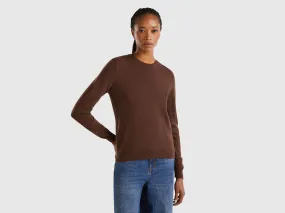 Dark brown crew neck sweater in pure Merino wool - Dark Brown | Benetton