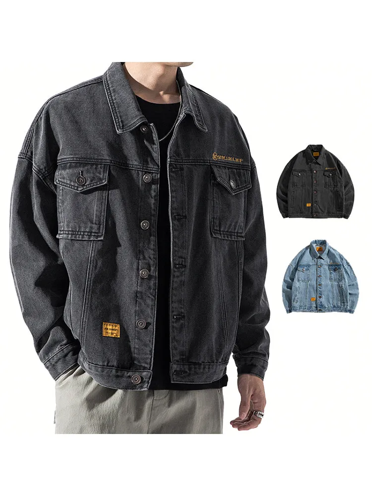   Denim Jacket Solid Color Pockets Outerwear Single Breasted Jeans Coat   