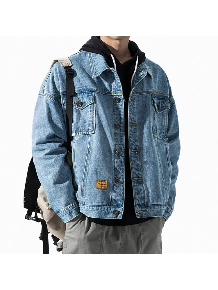   Denim Jacket Solid Color Pockets Outerwear Single Breasted Jeans Coat   