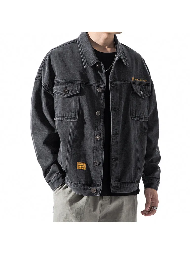   Denim Jacket Solid Color Pockets Outerwear Single Breasted Jeans Coat   