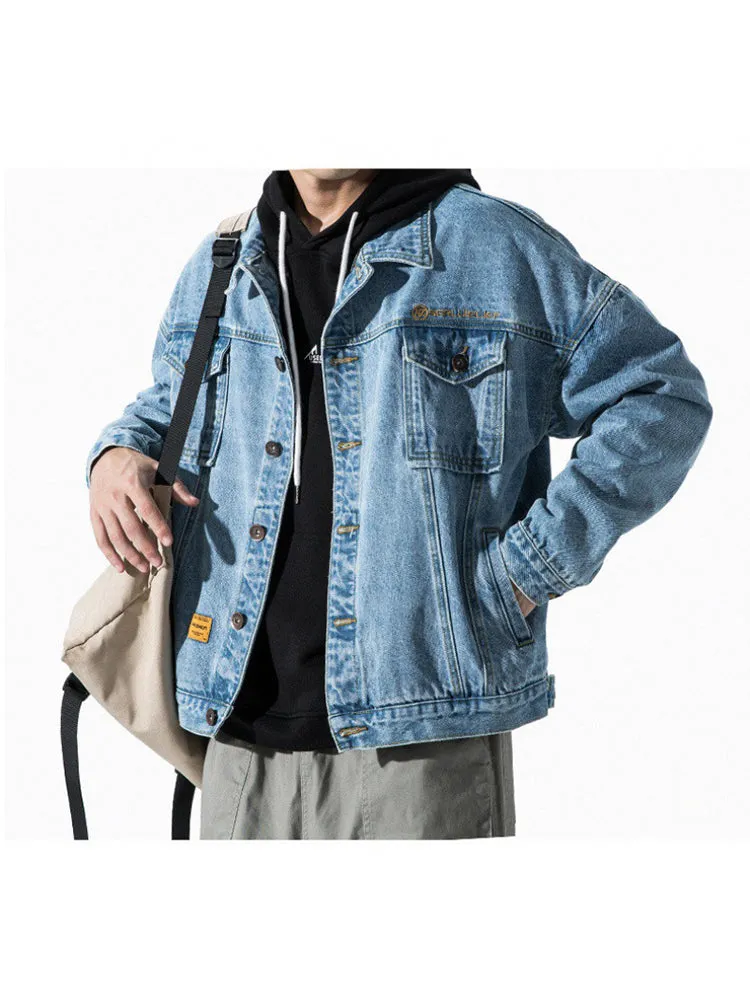   Denim Jacket Solid Color Pockets Outerwear Single Breasted Jeans Coat   