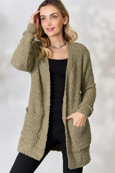 Falling For You Open Front Popcorn Cardigan in Khaki