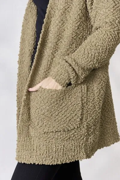 Falling For You Open Front Popcorn Cardigan in Khaki