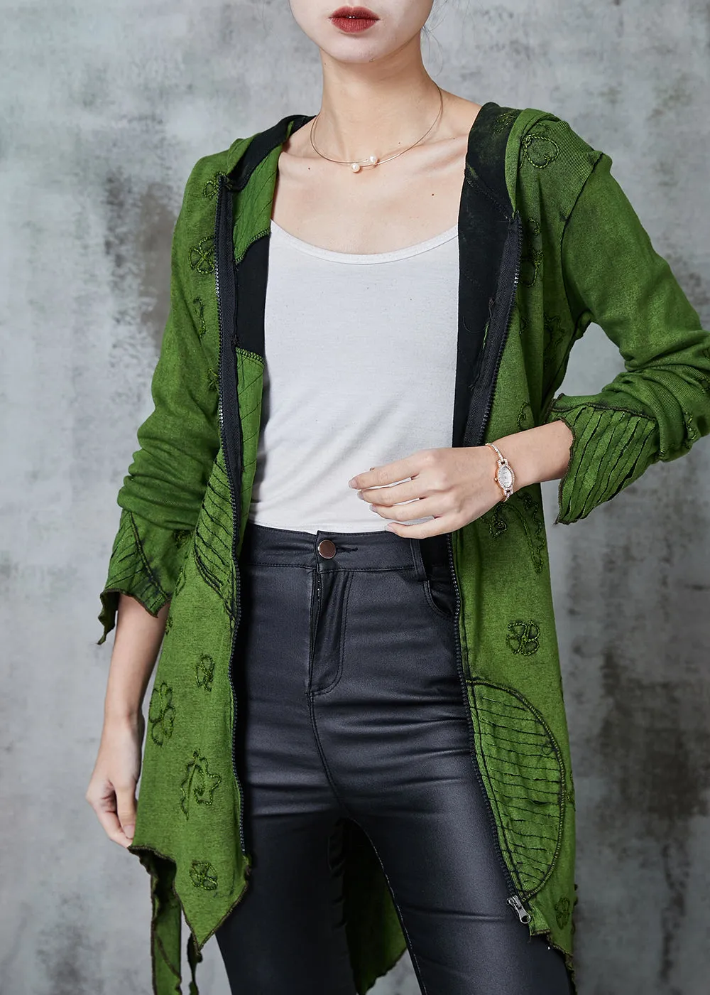 Handmade Green Zip Up Cotton Hooded Jacket Spring