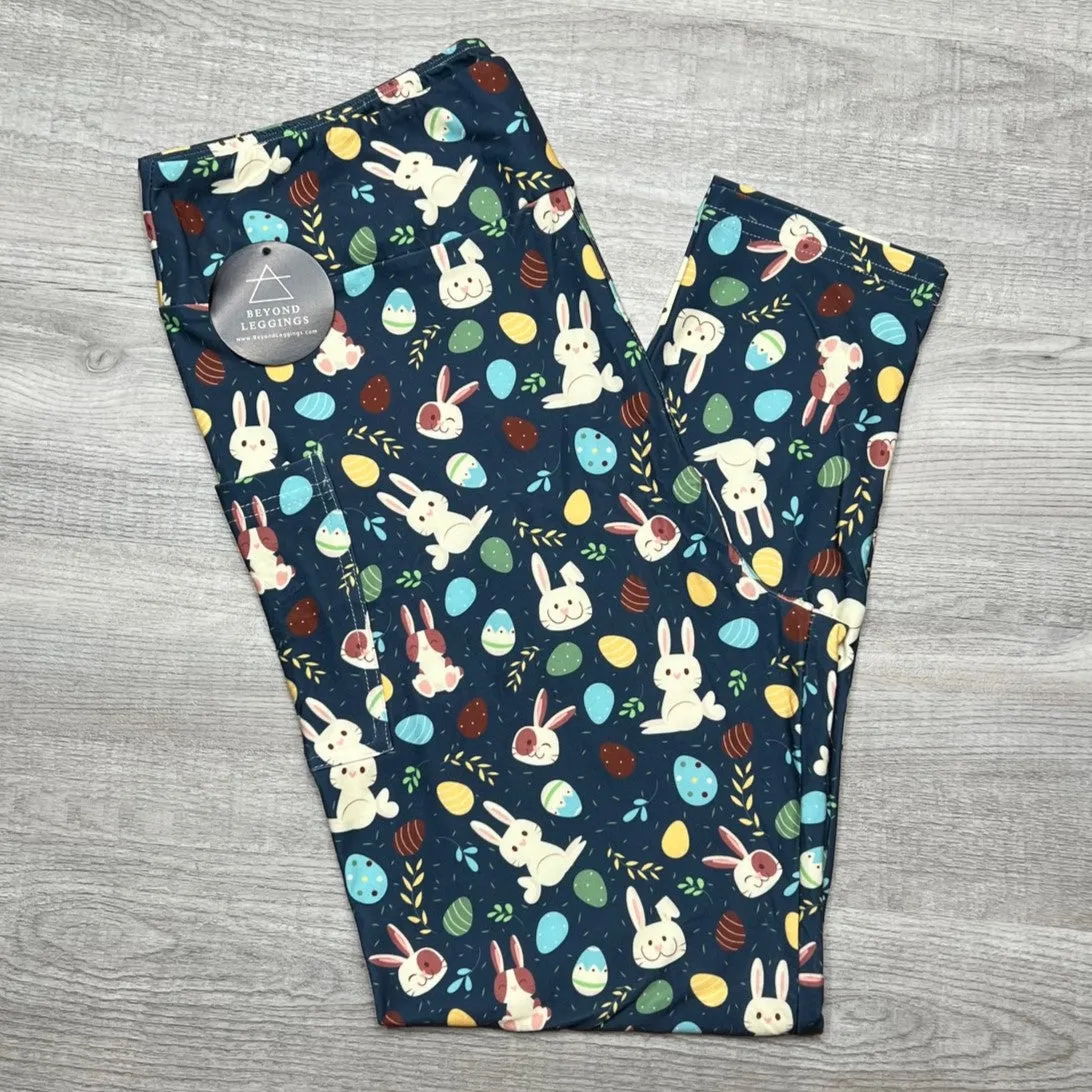 Happy Easter Bunny & Chocolate Egg Print on Navy Blue Leggings w/ Pockets