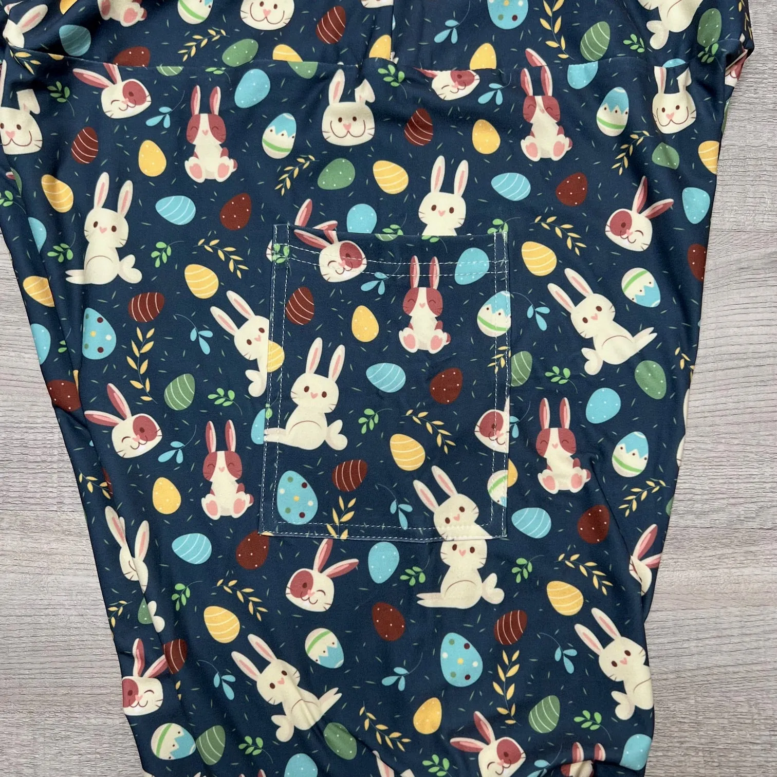 Happy Easter Bunny & Chocolate Egg Print on Navy Blue Leggings w/ Pockets