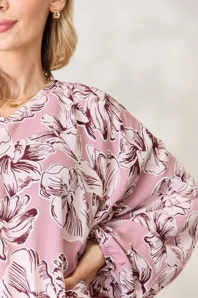 Heimish Full Size Floral V-Neck Balloon Sleeve Blouse