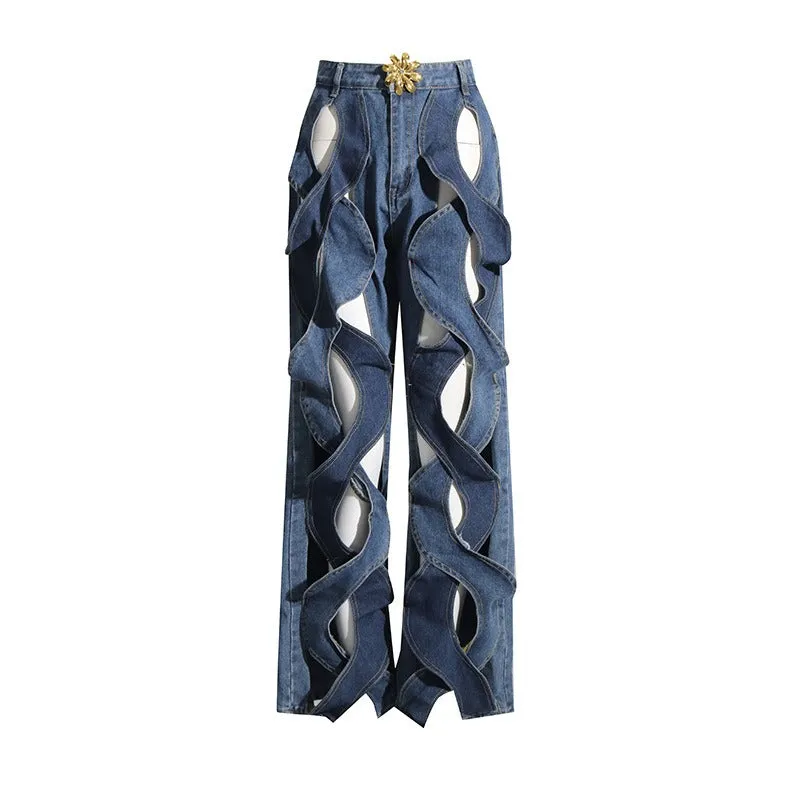 Hollow Twists Wide Contrast Metal High Waist Jeans