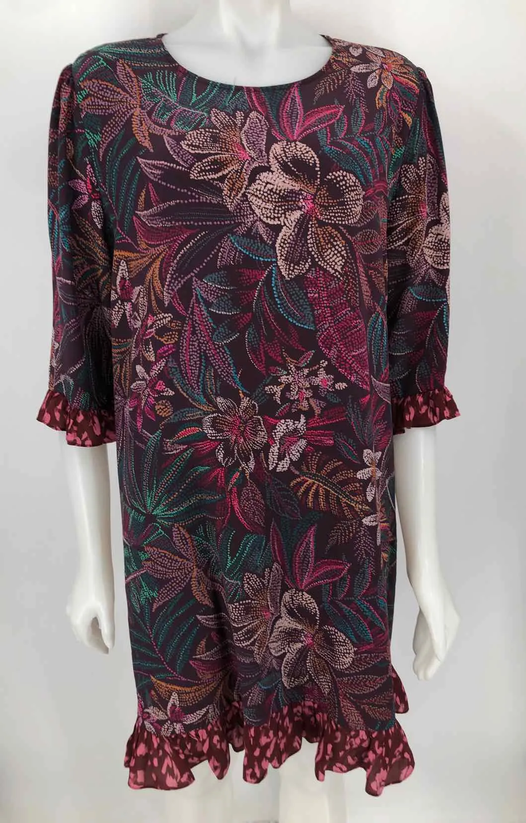 JOHNNY WAS Burgundy Teal Multi Abstract Floral Size LARGE  (L) Dress