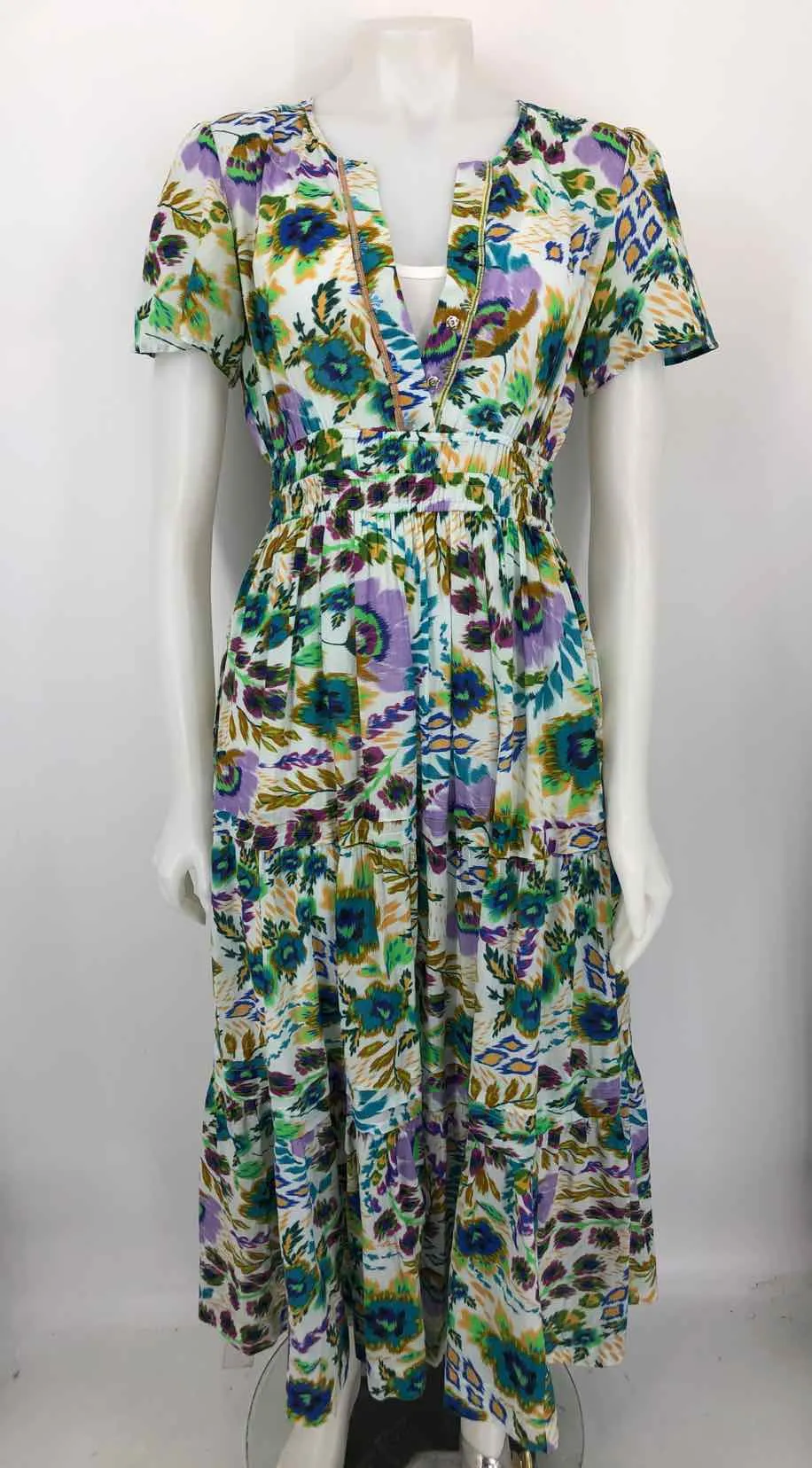 JOHNNY WAS White Green Multi Print Maxi Length Size X-SMALL Dress