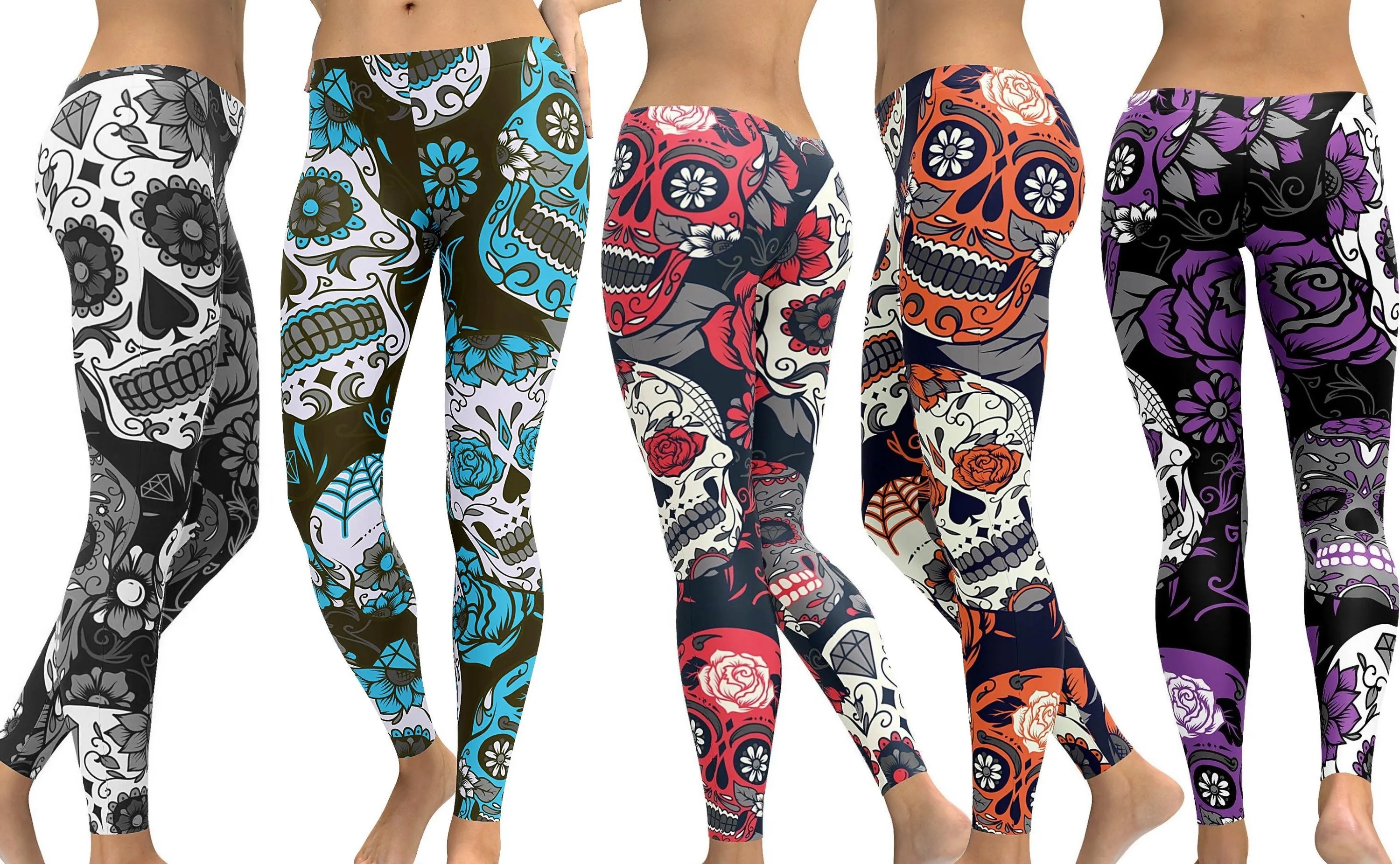 Large Sugar Skull Print Leggings Soft Full Length w/ Pocket In Yoga Band