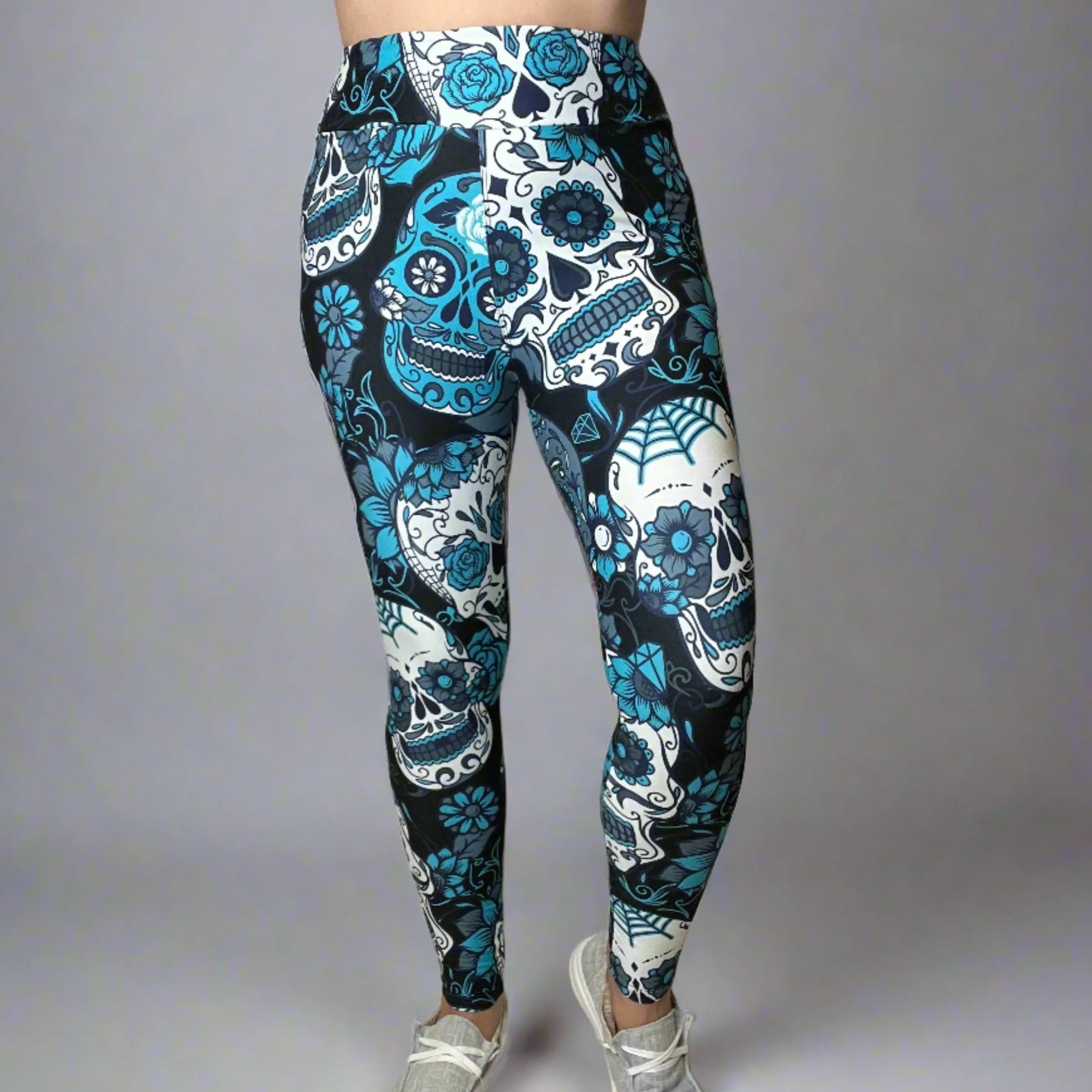 Large Sugar Skull Print Leggings Soft Full Length w/ Pocket In Yoga Band