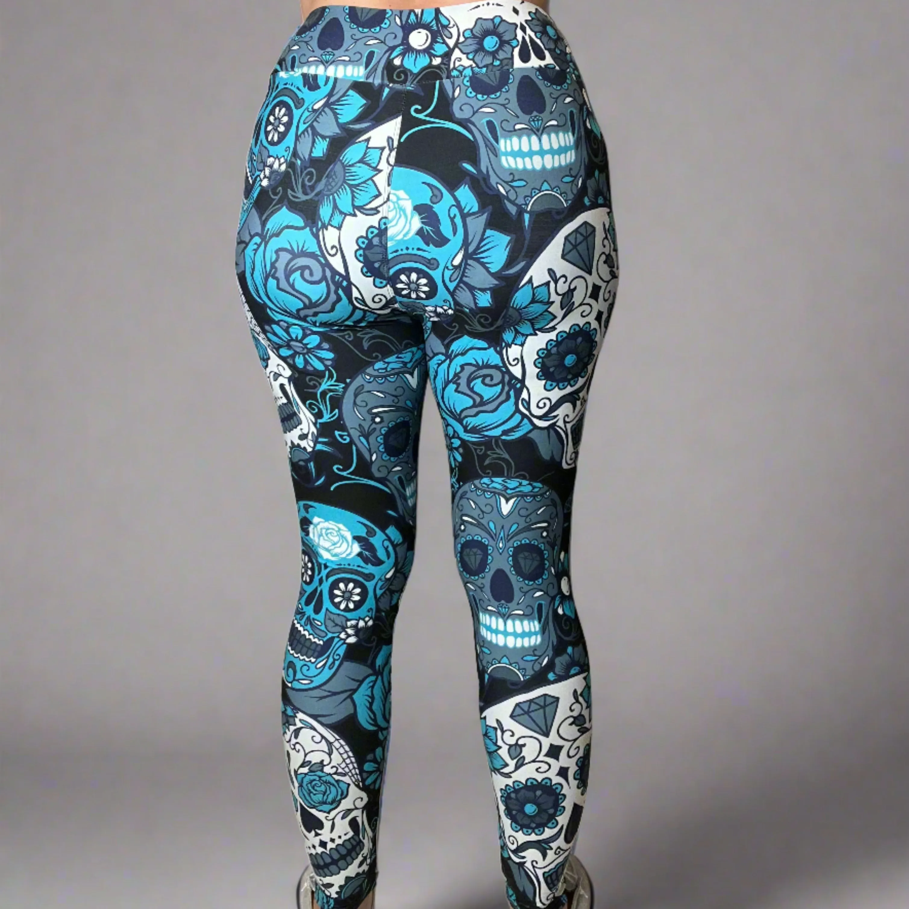 Large Sugar Skull Print Leggings Soft Full Length w/ Pocket In Yoga Band