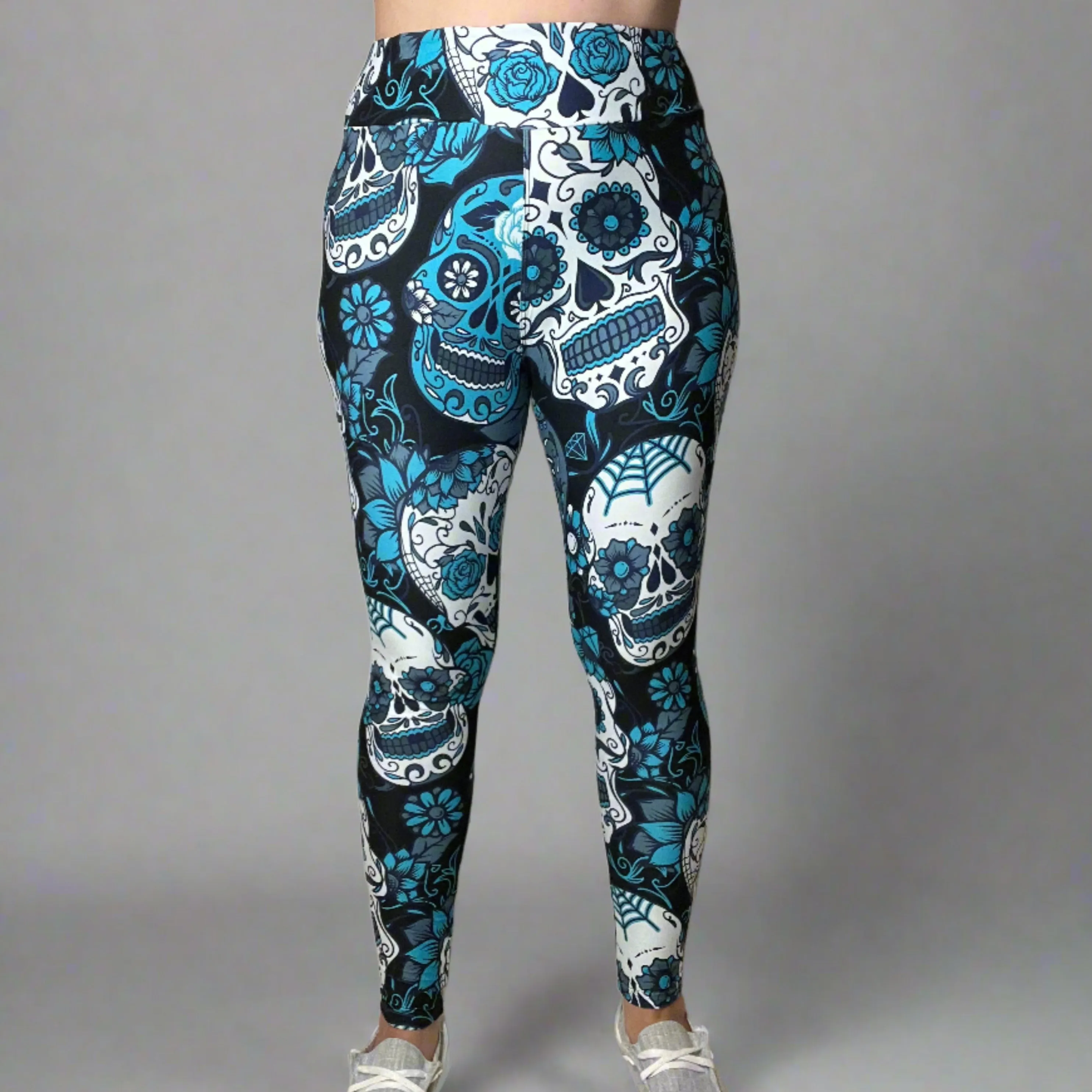 Large Sugar Skull Print Leggings Soft Full Length w/ Pocket In Yoga Band