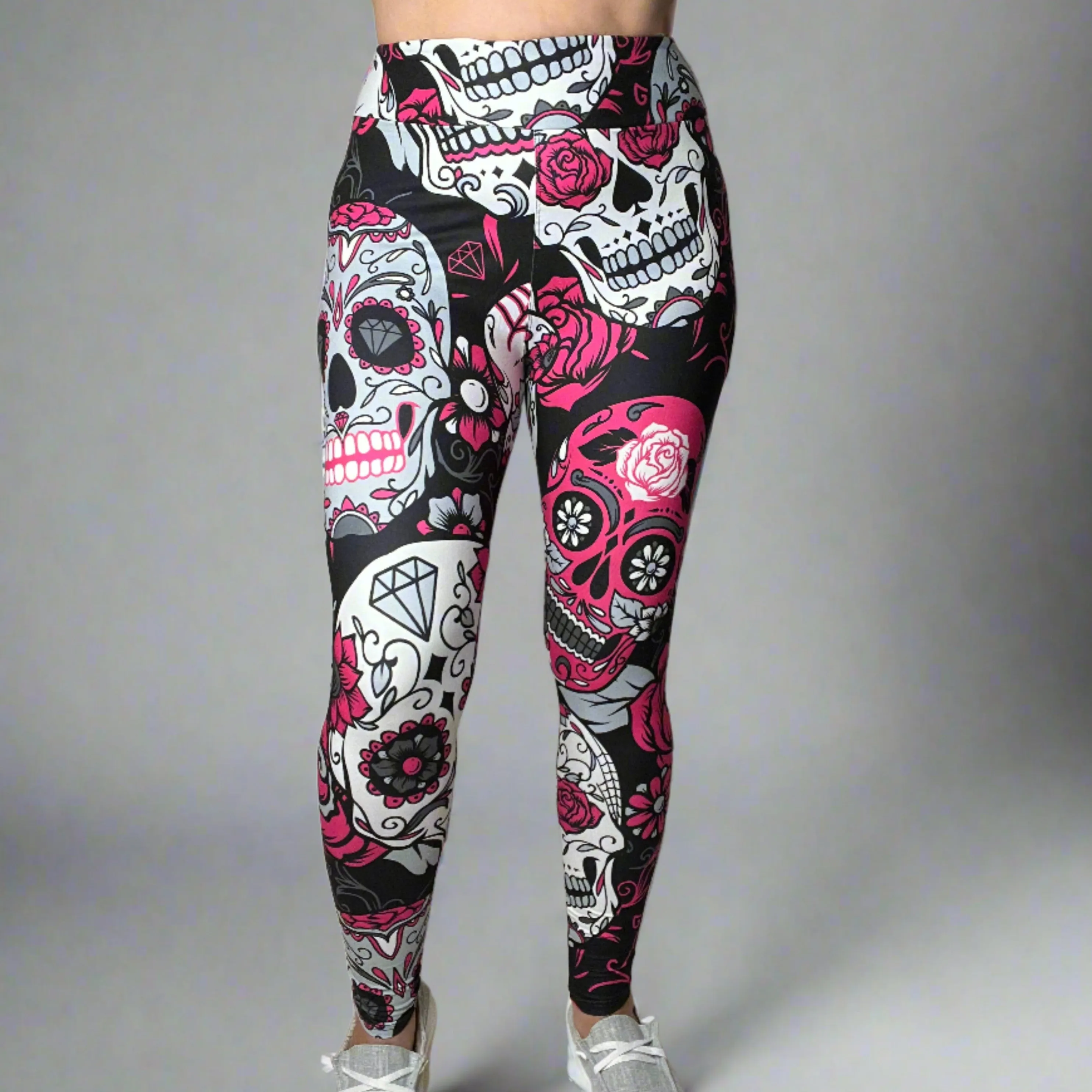 Large Sugar Skull Print Leggings Soft Full Length w/ Pocket In Yoga Band