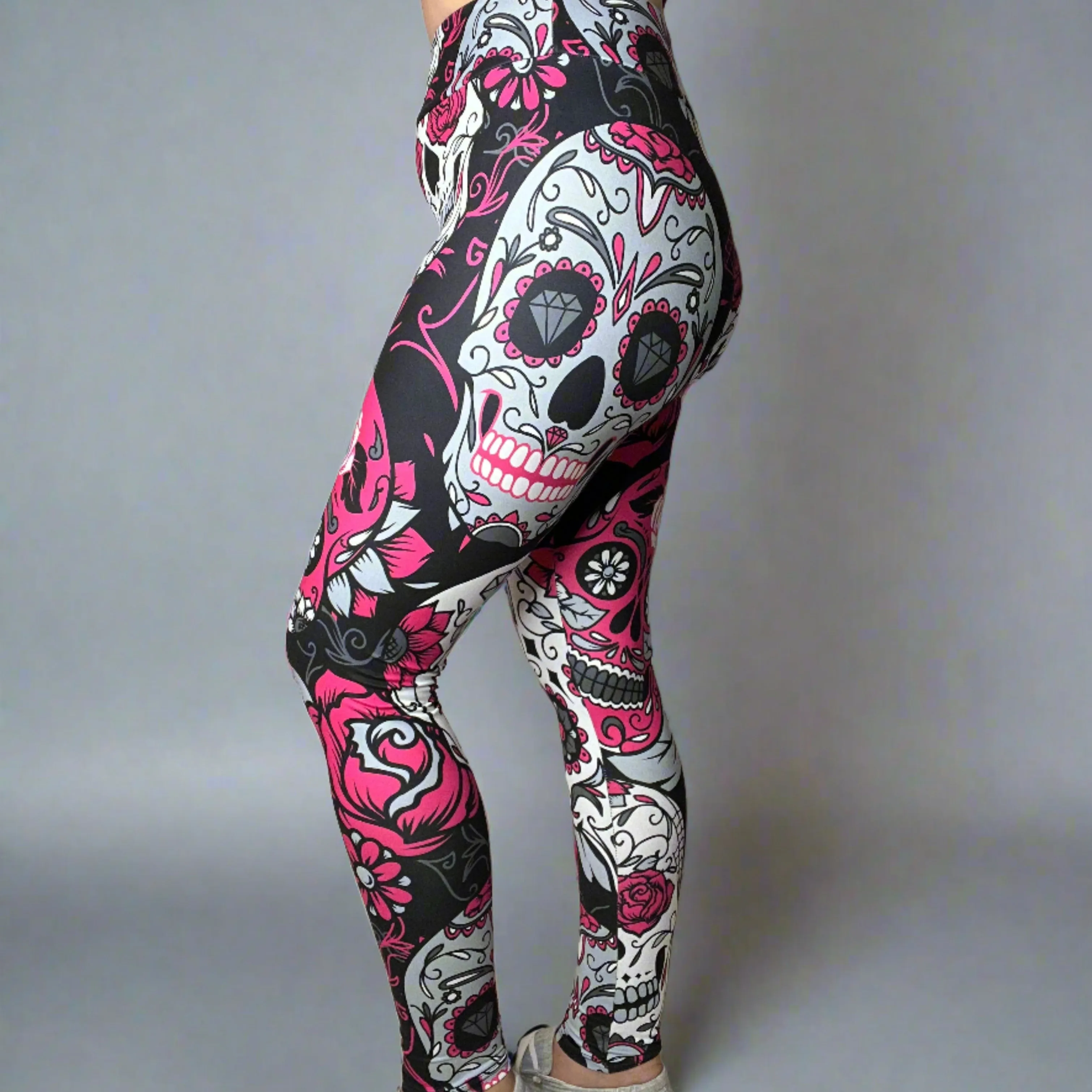 Large Sugar Skull Print Leggings Soft Full Length w/ Pocket In Yoga Band