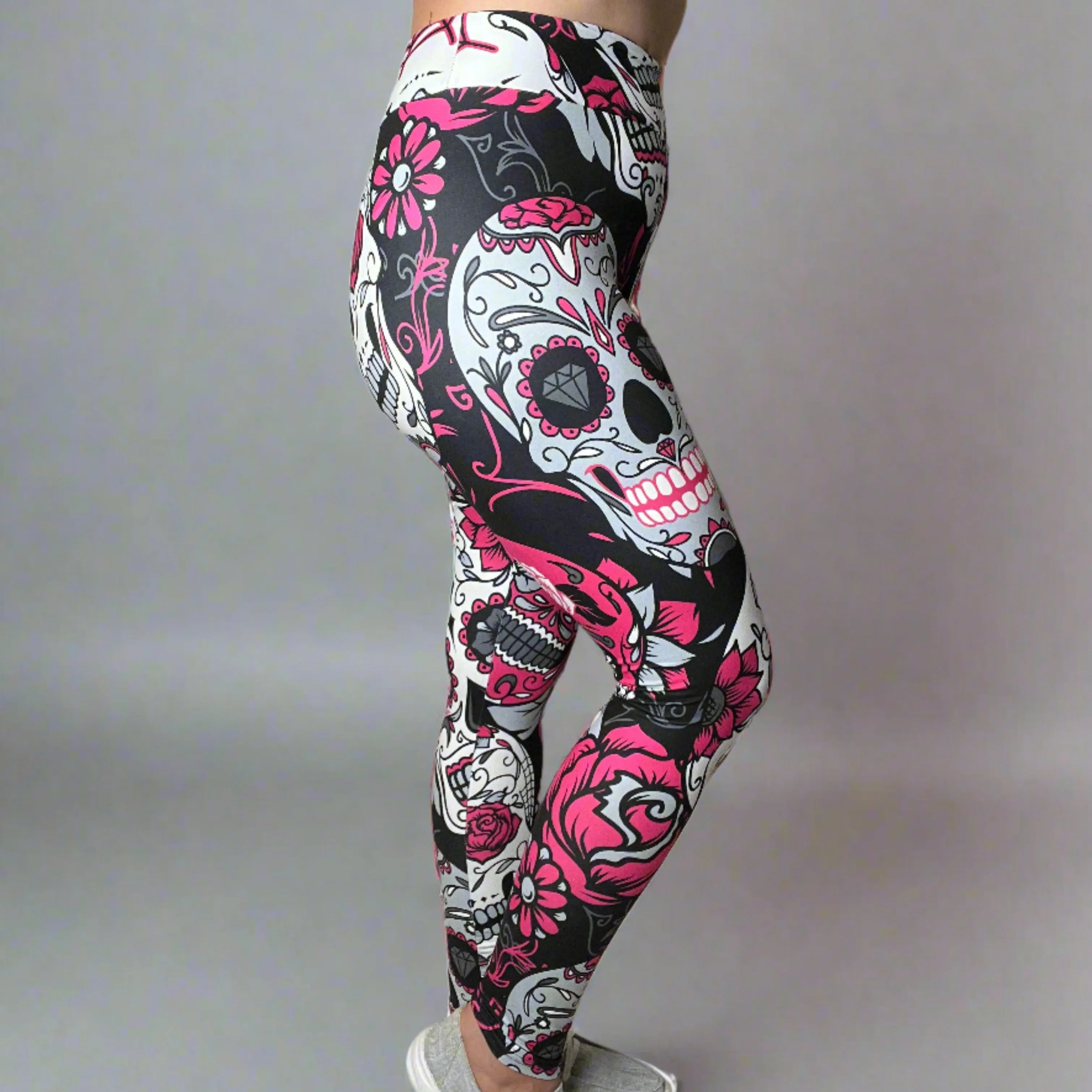 Large Sugar Skull Print Leggings Soft Full Length w/ Pocket In Yoga Band