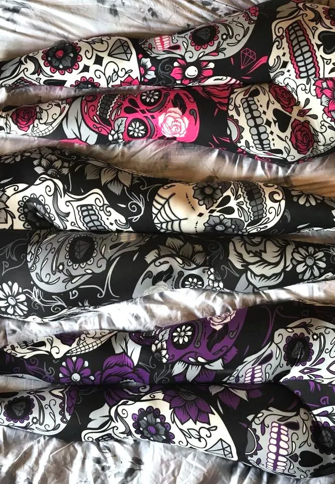 Large Sugar Skull Print Leggings Soft Full Length w/ Pocket In Yoga Band