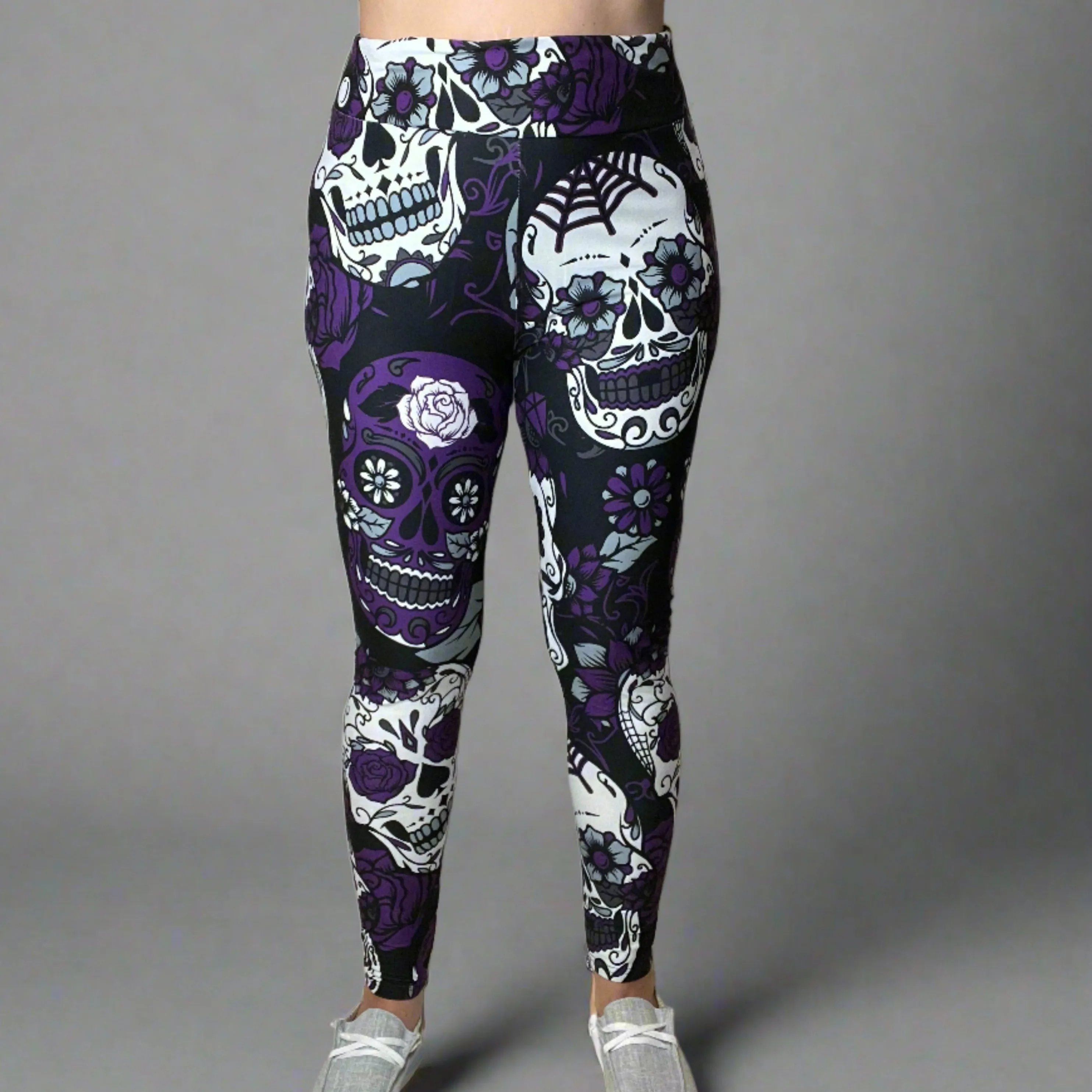 Large Sugar Skull Print Leggings Soft Full Length w/ Pocket In Yoga Band