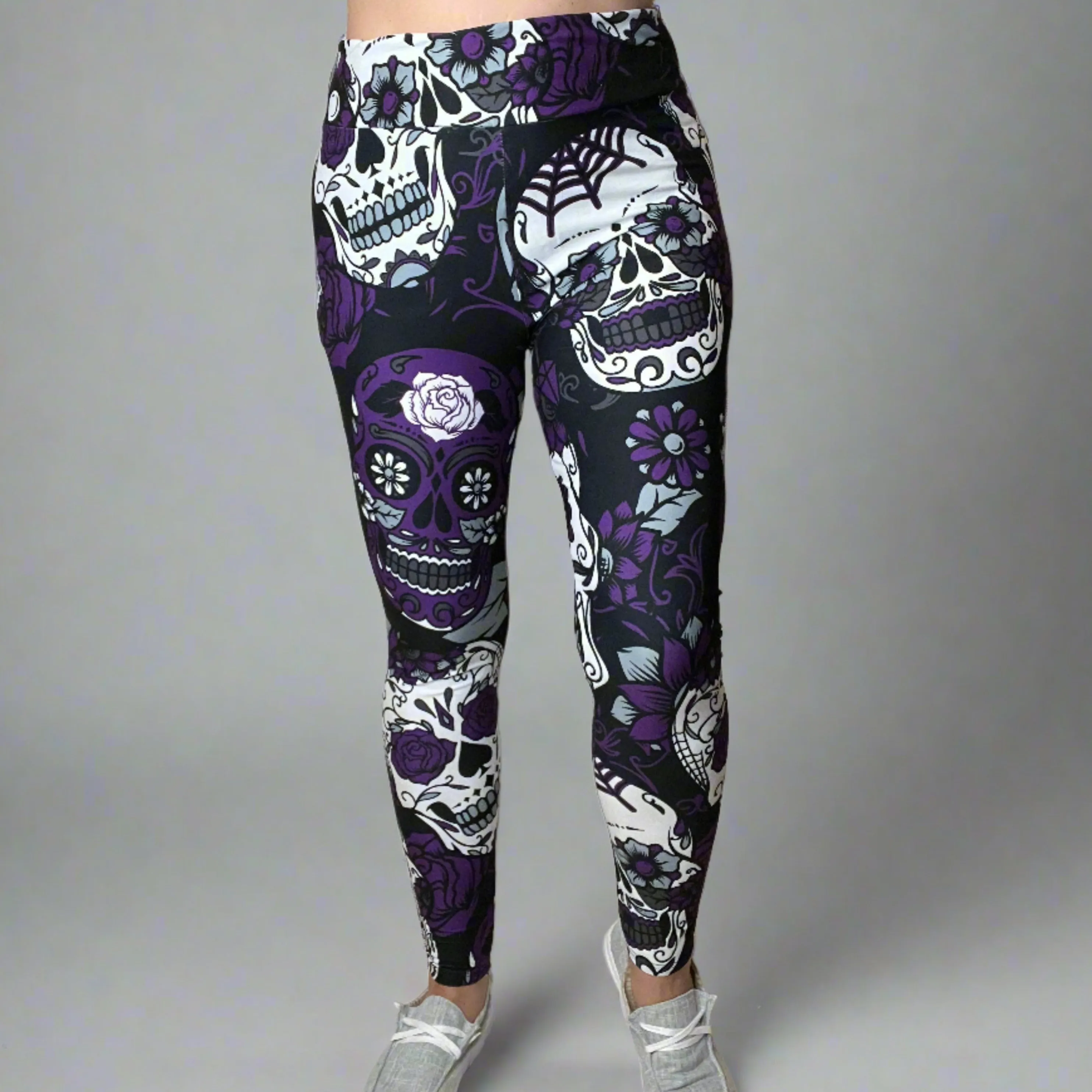 Large Sugar Skull Print Leggings Soft Full Length w/ Pocket In Yoga Band