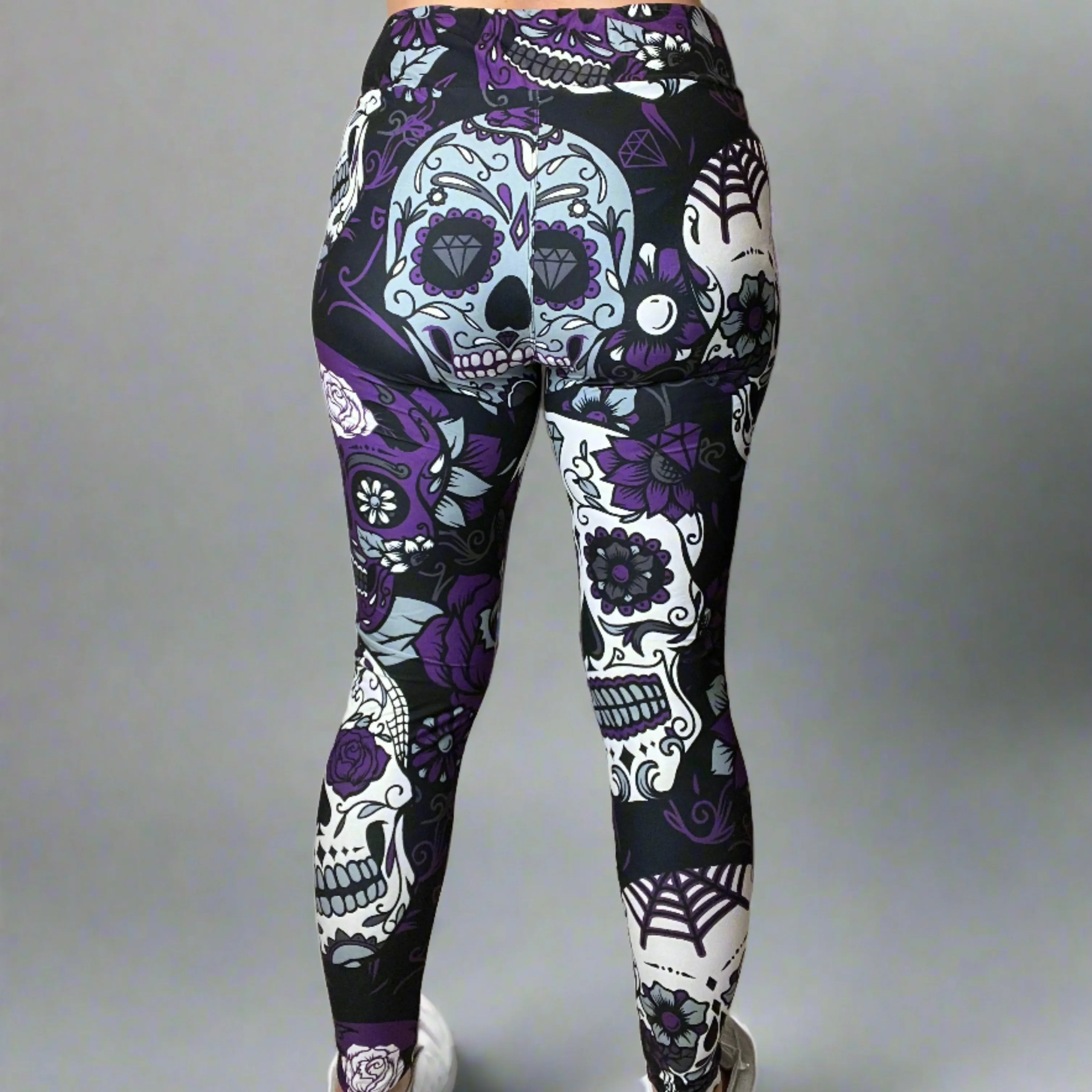 Large Sugar Skull Print Leggings Soft Full Length w/ Pocket In Yoga Band