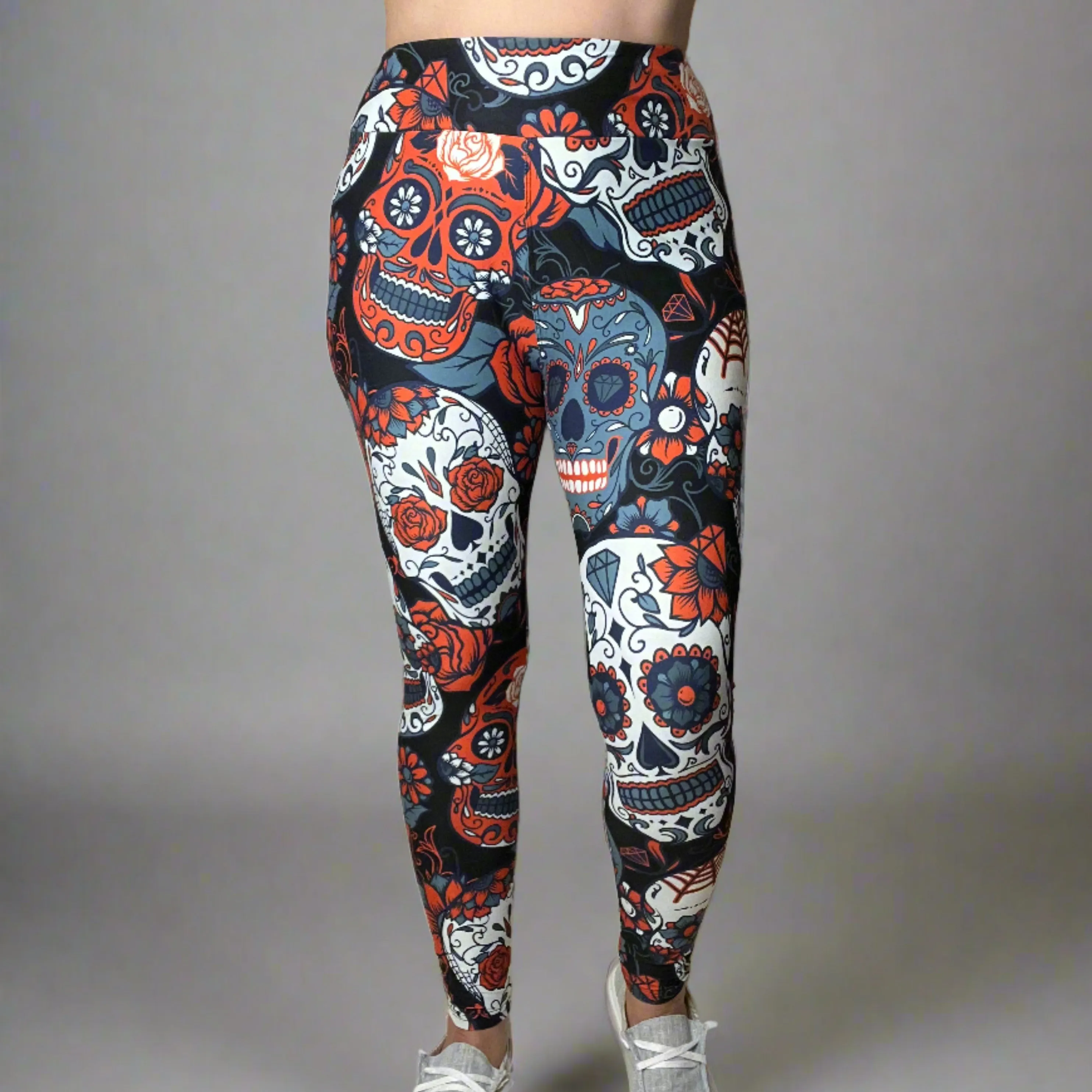 Large Sugar Skull Print Leggings Soft Full Length w/ Pocket In Yoga Band