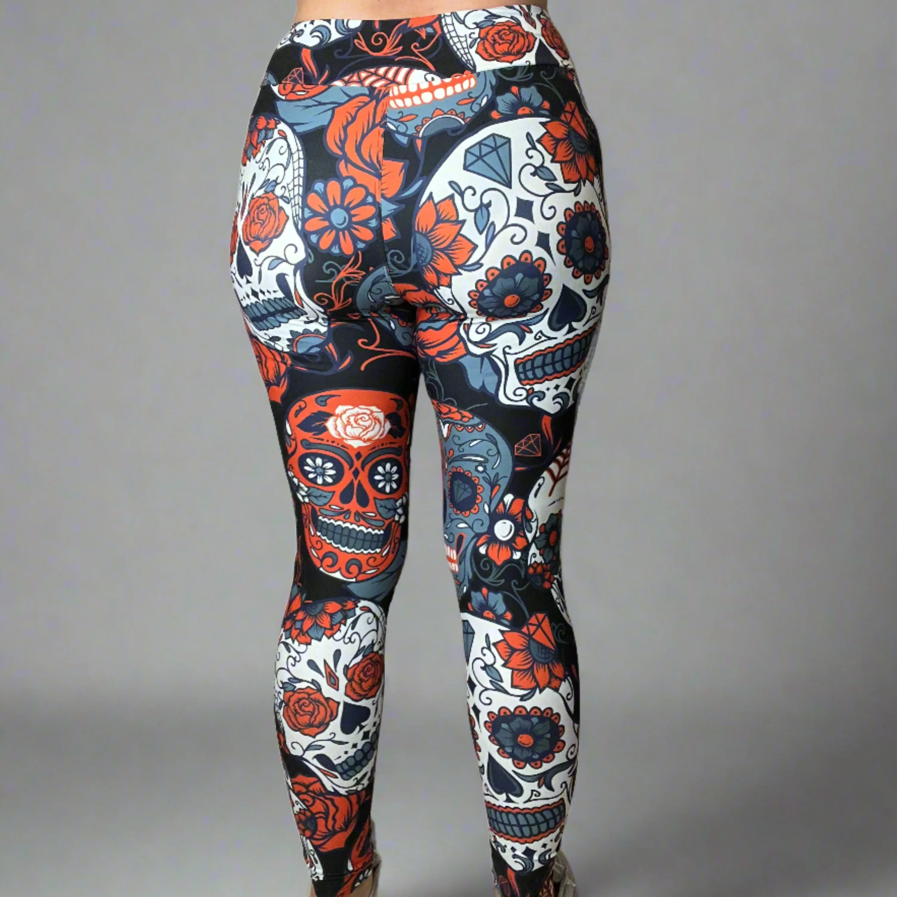 Large Sugar Skull Print Leggings Soft Full Length w/ Pocket In Yoga Band