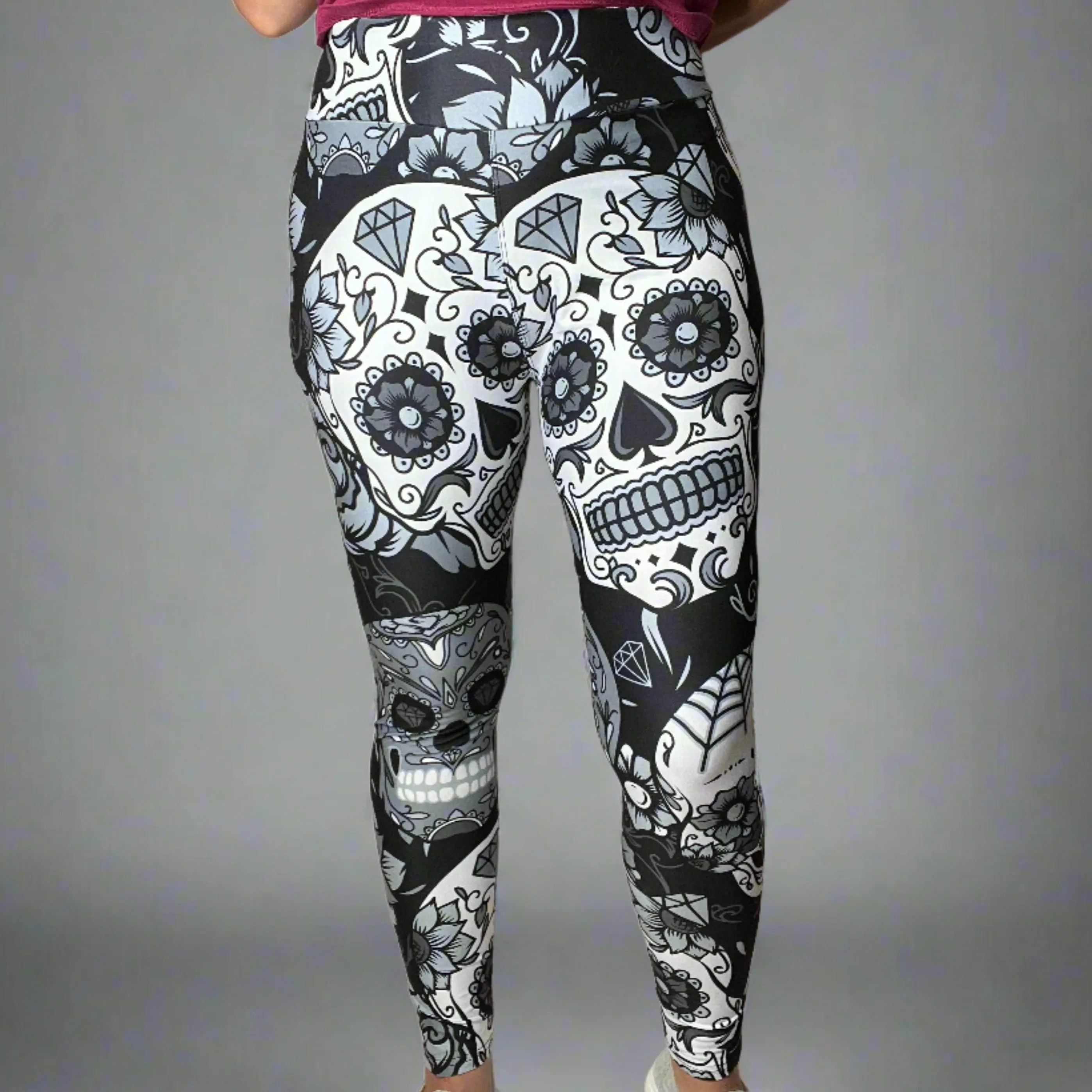 Large Sugar Skull Print Leggings Soft Full Length w/ Pocket In Yoga Band