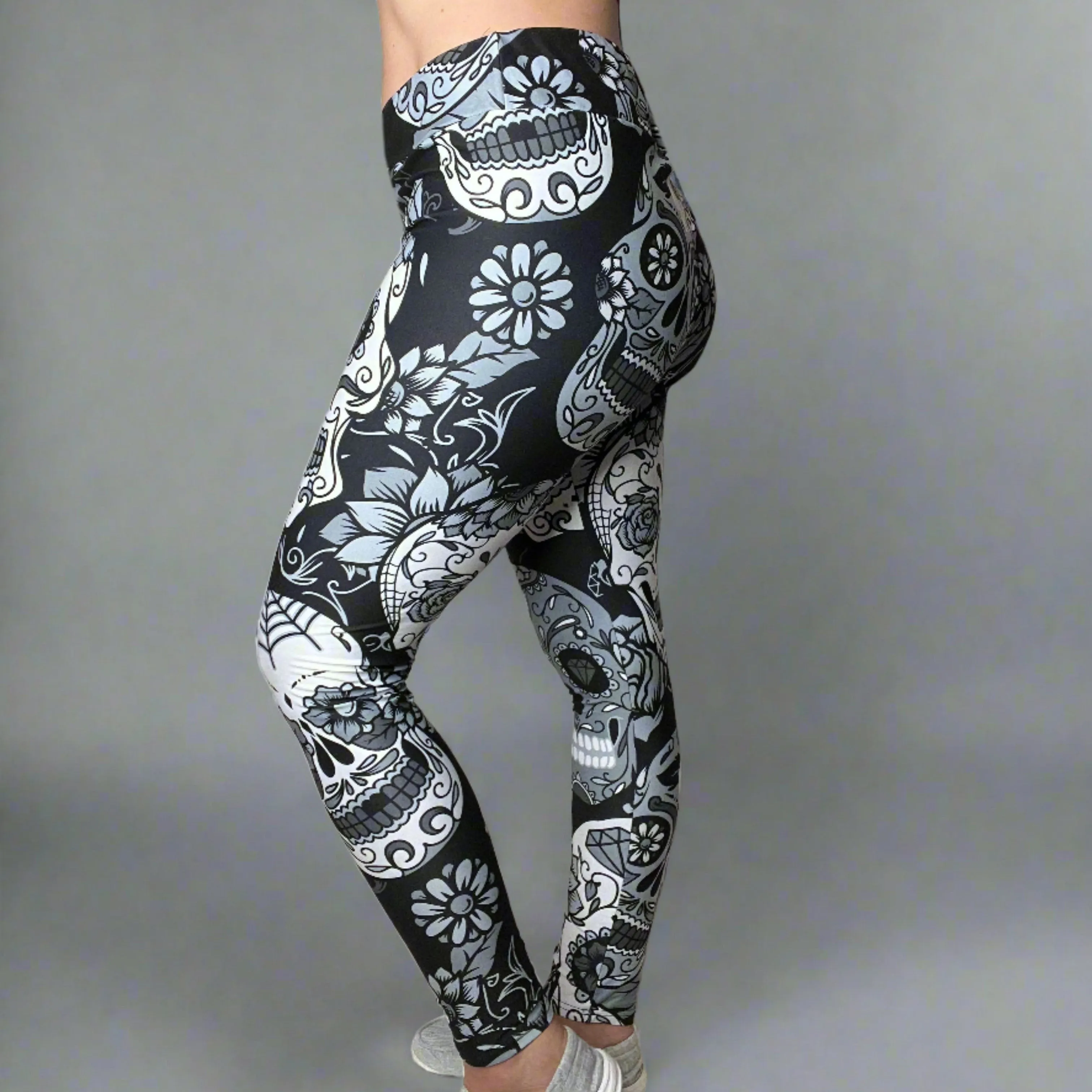 Large Sugar Skull Print Leggings Soft Full Length w/ Pocket In Yoga Band