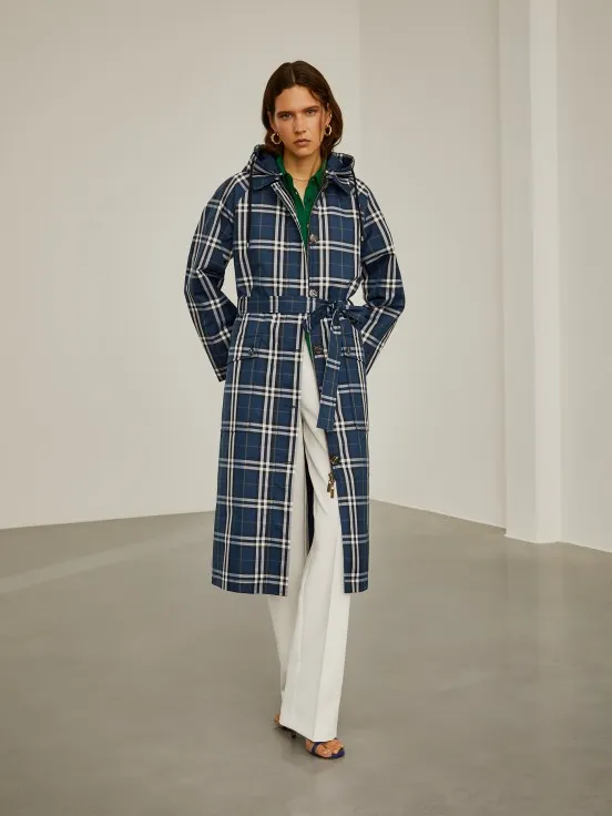 Long coat with check pattern and hood