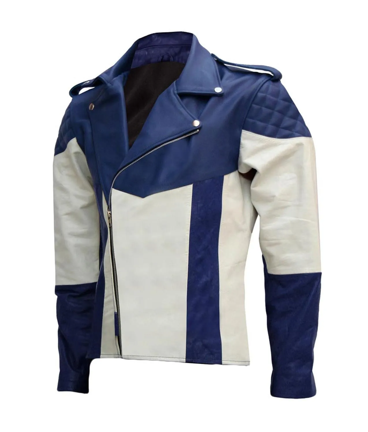 Mens Blue and White Motorcycle Leather Jacket | Abbraci