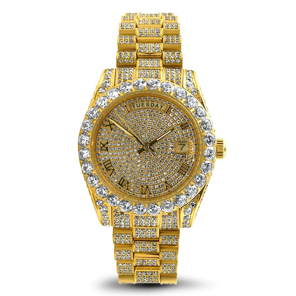 Moissanite VVS Iced Out Date Day Steel Dress Watch