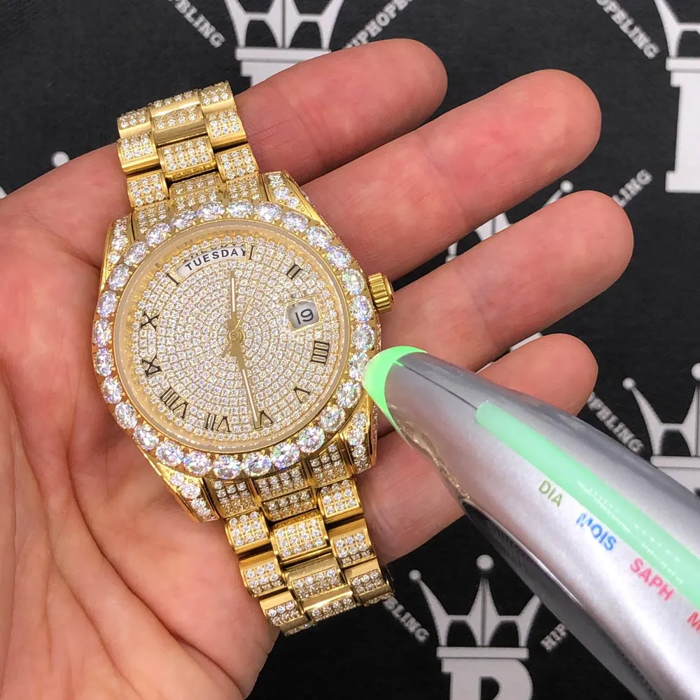 Moissanite VVS Iced Out Date Day Steel Dress Watch