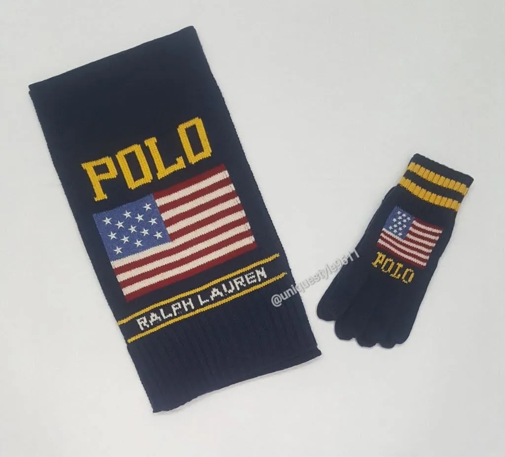 Nwt Polo Ralph Lauren Navy Blue American Flag Scarf