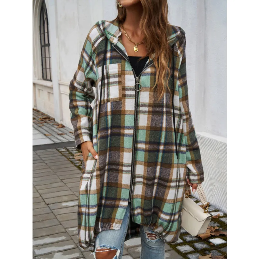 Plaid Zip Up Hooded Coat