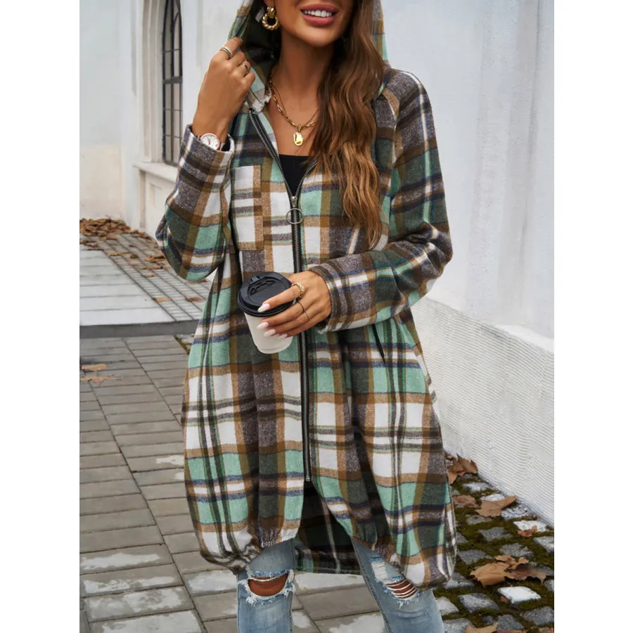 Plaid Zip Up Hooded Coat