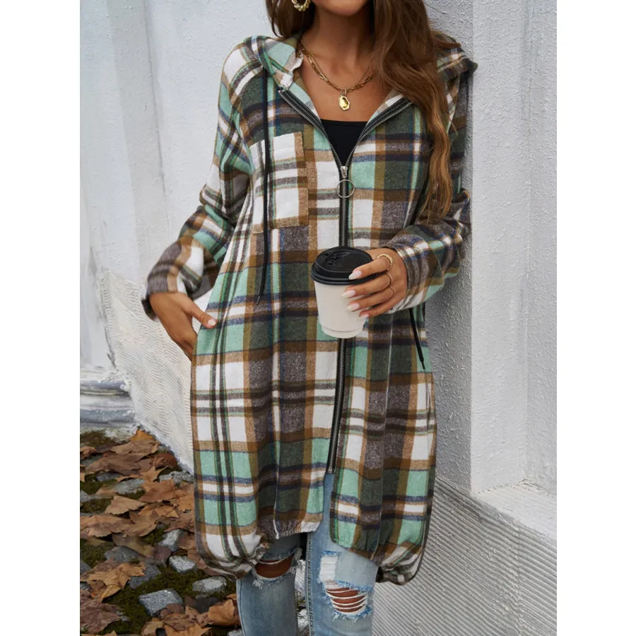 Plaid Zip Up Hooded Coat