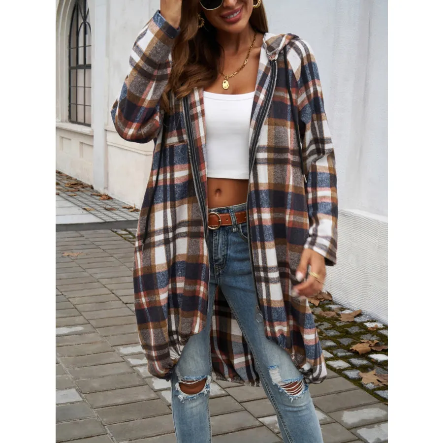 Plaid Zip Up Hooded Coat